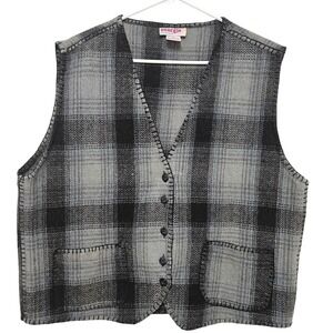 Vintage 90s Energie Plaid Wool Vest Blanket Stitch Eclectic Grandpa Gorpcore L